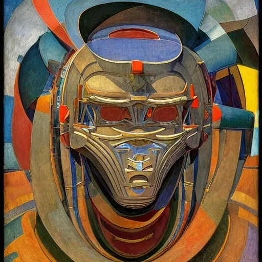 Image similar to the robot in her intricate mechanical mask stand on the lawn, by annie swynnerton and diego rivera and kit williams and leo and diane dillon and nicholas roerich, symbolist, dramatic lighting, elaborate geometric ornament, art brut, god rays, soft cool colors, smooth, sharp focus, extremely detailed, adolf wolfli