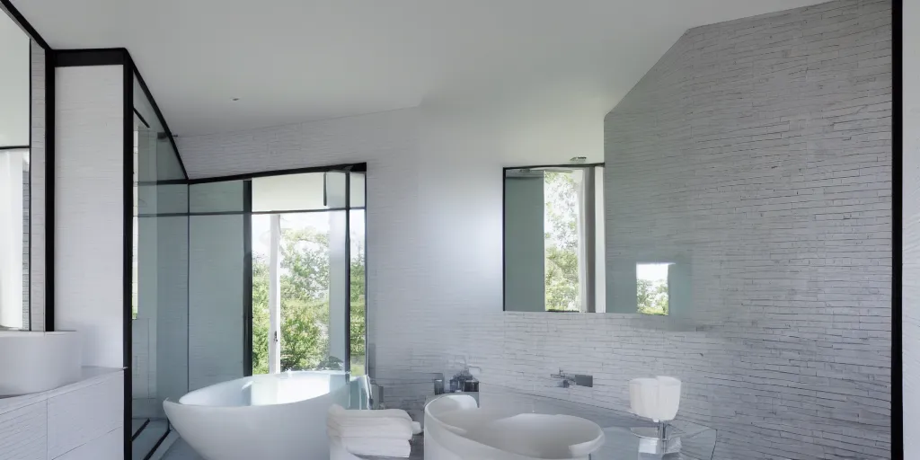 Prompt: grey brick glass contemporary modern hamptons mansion bathroom concept interior design next to body of water by mcalpine house, by jackson & leroy architects