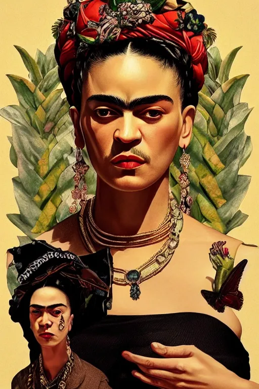 Image similar to rap album cover featuring frida kahlo wearing gangster thug outfit, staring directly into camera, intricate, elegant, dramatic lighting, highly detailed, digital painting, artstation, sharp focus, illustration, art by wlop, mars ravelo and greg rutkowski