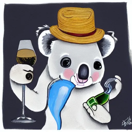 Prompt: portrait of a koala artist with a hat and holding a wine bottle, drunk, award winning art, nft - style art, cartoon, detailed. by rossdraw and picasso