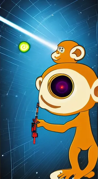 Image similar to “ small monkey with laser gun in large empty space, digital art, super aesthetic, art station children drawing style, award winning ”