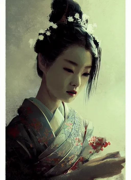 Image similar to female geisha girl, beautiful face, rule of thirds, intricate outfit, spotlight, by greg rutkowski, by jeremy mann