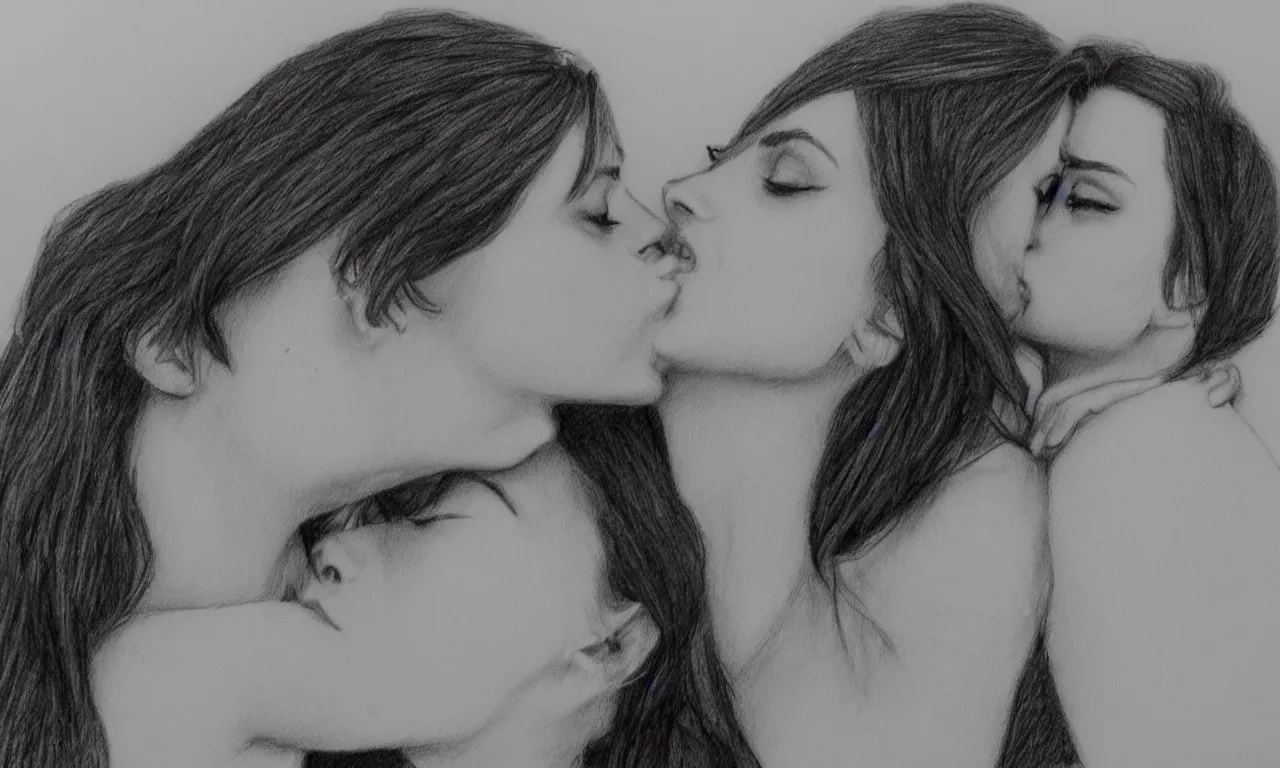 Image similar to emma watson kissing anne hathaway pencil sketch,