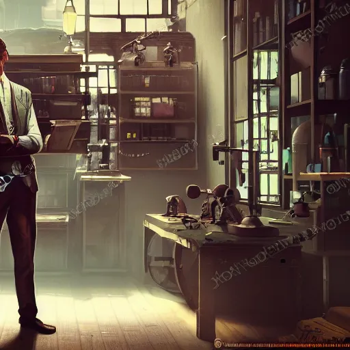 Prompt: muted colors, steampunk, 3 d octane render, unreal engine, realistic, and old professor standing in his laboratory inspecting gadgets, detailed, cinematic lighting