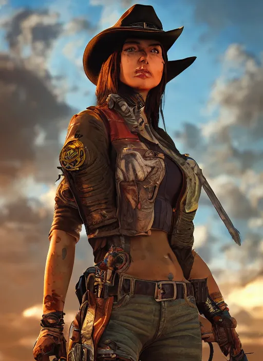 Prompt: A comic book style portrait painting of a cool female ranger wearing a cowboy hat in a post apocalyptic setting, unreal 5, DAZ, hyperrealistic, octane render, RPG portrait, dynamic lighting