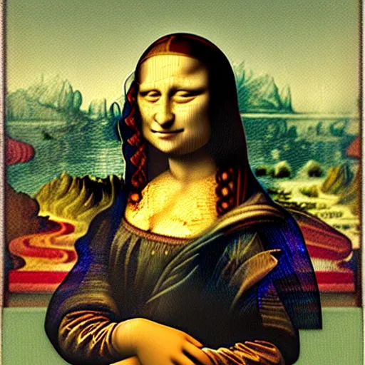 Prompt: mona lisa with a bottle of jenever in schiedam in the style of van gogh