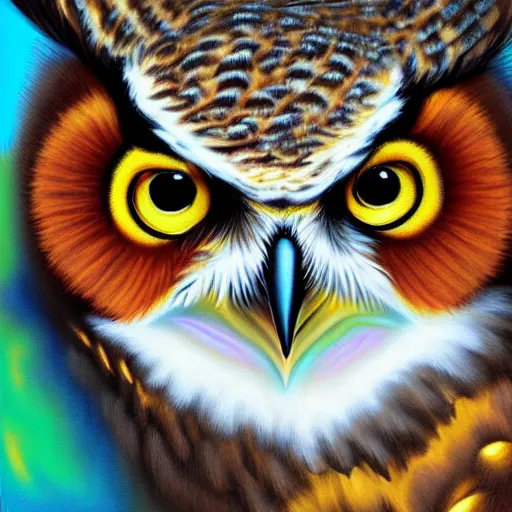 Prompt: fluffy colorful baby great horned owl detailed luminescent airbrushed oil painting painting 4 k