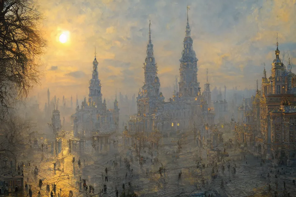 Prompt: beautiful ukranian city of odessa in mist, magic lights, magic mist, strange buildings, oil painting, painting by viktor vasnetsov, concept art, fantasy cityscape, ukrainian architecture, painting by ivan shishkin, hyperborea, high resolution, trending on artstation