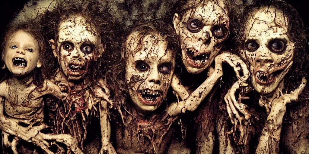 Prompt: studio portrait of a happy creepy mud family by bob bottin and cronenberg, horror grotesque, realistic detailed photography, filth and grim, colorized 1 9 9 0's