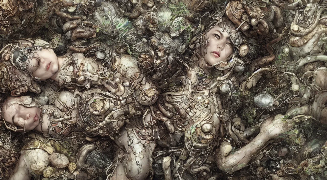 Image similar to a bio - mechanical pretty sleeping giant woman with mushrooms as camouflage highly detailed, cinematic, perfect face, cyberpunk, fine details, studio lighting, subtle shadows, art by katsuya terada, photo - realism, hyper realism, octane render