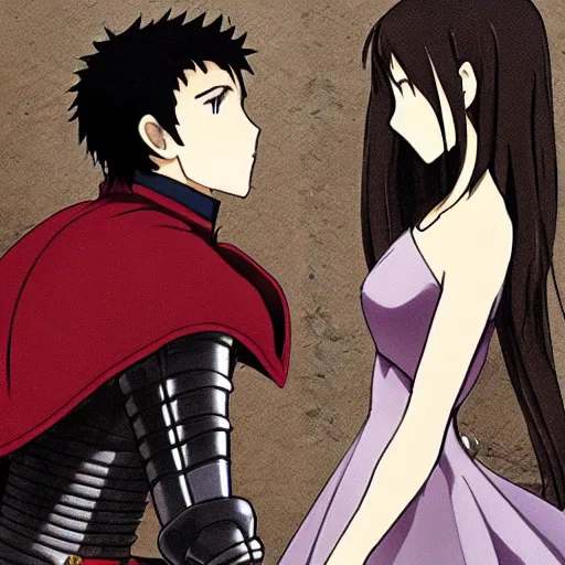 Image similar to detailed art of knight kneeling before a beautiful princess, anime ufotable