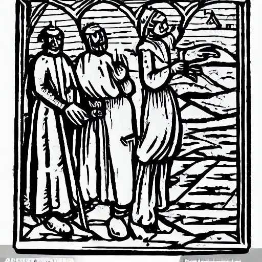 Image similar to peasant speaks on iphone. medieval engraving style