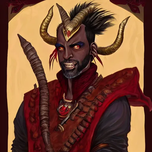 Image similar to dnd portrait of a travis scott as tiefling, male, red scales, a big black beard, completely golden eyes, 1 curved horn growing out of his forehead, one broken horn growing out of his forehead,