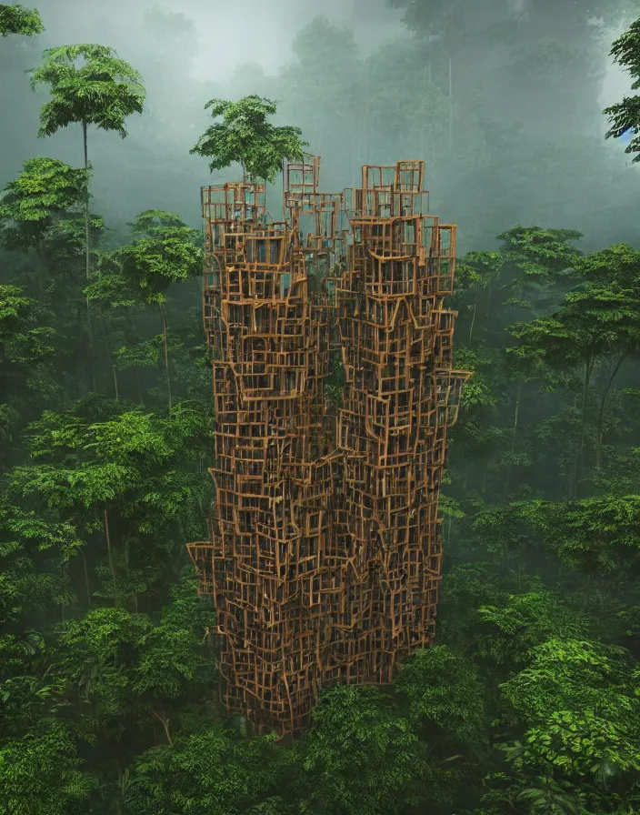 Prompt: a city of interlocking and weaving wooden structure towers intertwined and interconnected with a jungle rainforest, misty atmosphere hyper realistic octane render unreal engine