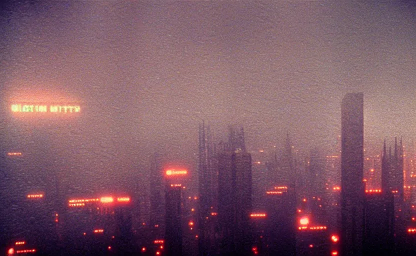 Image similar to 35mm night skyline urban photographic landscape of Blade Runner 1982 city with industrial fires and smog, futuristic dystopian megacity skyline, hard rain falling, neon