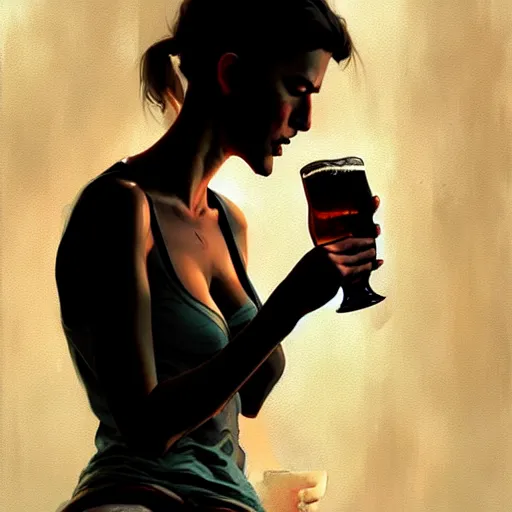 Image similar to a girl drinking beer, detailed digital art by greg rutkowski.