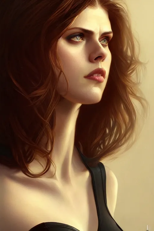 Image similar to alexandra daddario as black widow, realistic portrait, symmetrical, highly detailed, digital painting, artstation, concept art, smooth, sharp focus, illustration, cinematic lighting, art by artgerm and greg rutkowski and alphonse mucha