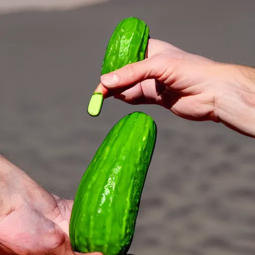 Prompt: a figure made of cucumber holdingbb a golf club in the desert