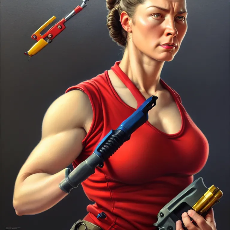 Image similar to epic portrait a slightly muscular woman wearing short sleeved uniform and carrying a red power tool drill, detailed, centered, digital painting, artstation, concept art, donato giancola, Joseph Christian Leyendecker, WLOP, Boris Vallejo, Breathtaking, 8k resolution, extremely detailed, beautiful, establishing shot, artistic, hyperrealistic, beautiful face, octane render