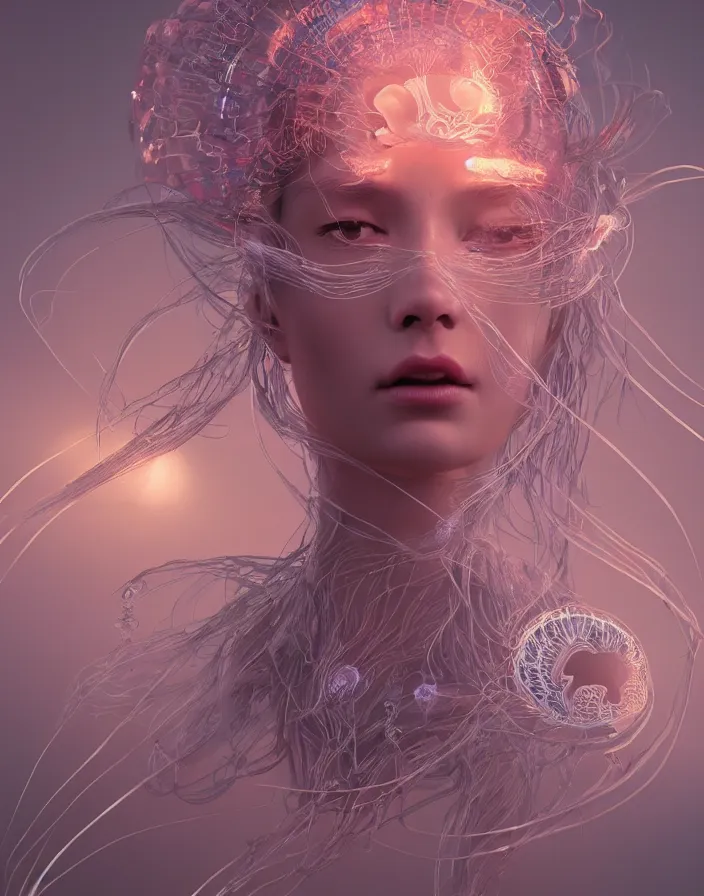 Image similar to goddess portrait. jellyfish phoenix head. intricate artwork by Tooth Wu and wlop and beeple. octane render, trending on artstation, greg rutkowski very coherent symmetrical artwork. cinematic, hyper realism, high detail, octane render, 8k