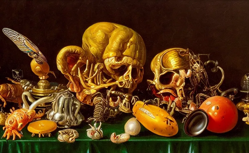 Image similar to disturbing colorful oil painting dutch golden age vanitas still life with bizarre objects strange gooey surfaces shiny metal bizarre insects rachel ruysch dali todd schorr very detailed perfect composition rule of thirds masterpiece canon 5 0 mm, cinematic lighting, photography, retro, film, kodachrome