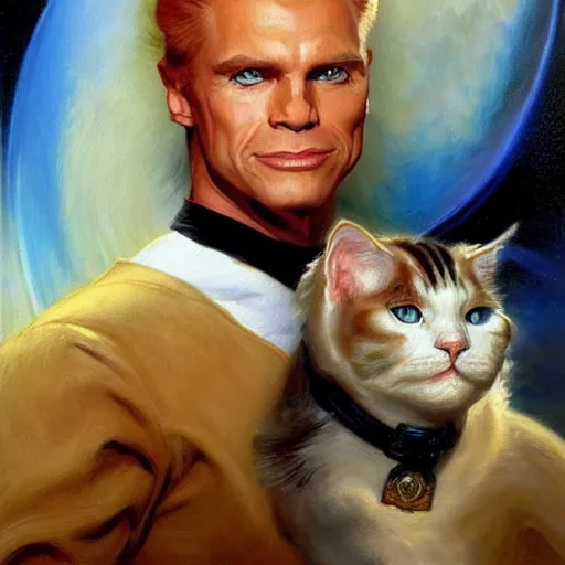 Image similar to a portrait of a manly dr crusher white cat feline, blue eyes, star trek the next generation. highly detailed painting by gaston bussiere, craig mullins, j. c. leyendecker, furry