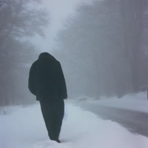 Image similar to eerie photograph of a man sleepwalking during a blizzard, 6 0 mm film