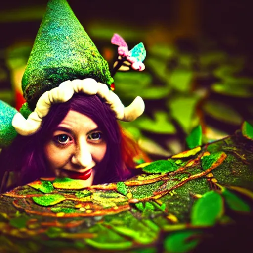 Image similar to a person wearing a jester hat that is a miniature fairy land made of tree limbs and magical tiny teklevisions, film strip theme, soft look, highly detailed, hdr