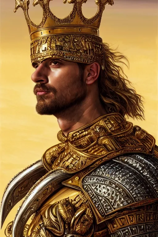 Prompt: Hyper-realistic Portrait of the King of the Desert, Warrior Man, Gold Armour and Crown, Sword, handsome attractive face, beautiful face, photo realistic, highly detailed, dramatic lighting, majestic, trending on artstation, elegant, intricate, highly detailed, digital painting, concept art, sharp focus, illustration, art by artgerm and greg rutkowski and alphonse mucha