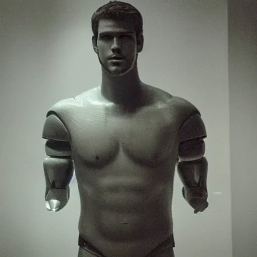 Image similar to “ a realistic detailed photo of a guy who is an attractive humanoid who is half robot and half humanoid, who is a male android, actor liam hemsworth, shiny skin, posing like a statue, blank stare, at the museum, on display ”