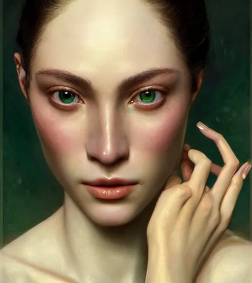 Prompt: epic masterpiece portrait of a beauty, big eyeglasses, makeup and jewelry, sweaty skin, hyperrealistic, octane render, cinematic, beautiful face and flawless skin, perfect hands, emeralds by Edgar Maxence and Ross Tran and Michael Whelan, Legends of Runeterra