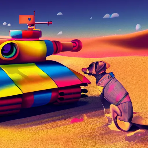 Prompt: A dog wearing goggles driving a brightly coloured tank in a desert, ultra detailed, digital art, 4K