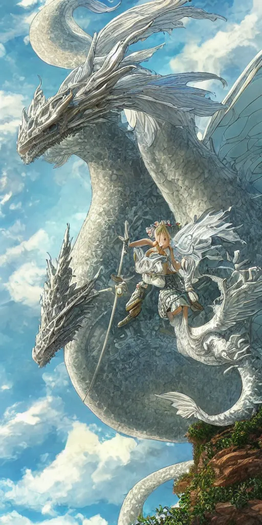 Image similar to the beautiful hyper detailed scene render that a beautiful princess sitting on the back of a huge silver white dragon alone in the fairyland surrounded by white clouds, finely detailed angelic face delicate features, style of studio ghibli, makoto shinkai, raphael lacoste, louis comfort tiffany, artgerm, james jean, ross tran, animation style, hd, ultra wide angle