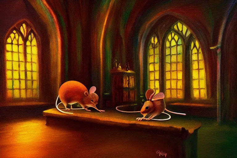 Image similar to A mouse in a Gothic atelier, oil painting, detailed, colorful, glowing lighting, 4k, dimly lit, in the style of vintage Disney,