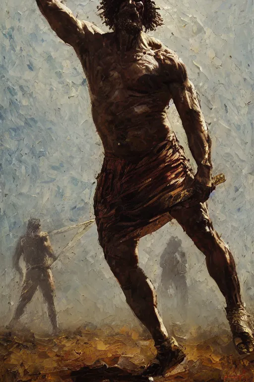 Prompt: highly detailed palette knife oil painting of a historically accurate depiction of the ancient biblical philistine giant warrior Goliath of Gath, fierce, menacing, by Peter Lindbergh, impressionistic brush strokes, painterly brushwork