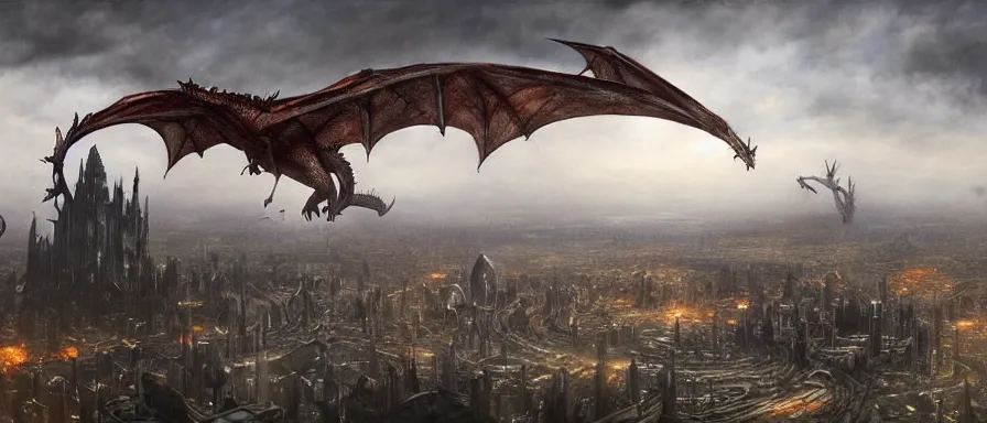 Image similar to dragons flying over the mega city, detailed matte painting, doomsday, trending on artstation, art by Alan Lee, Alexander Jansson, cinematic, full of color