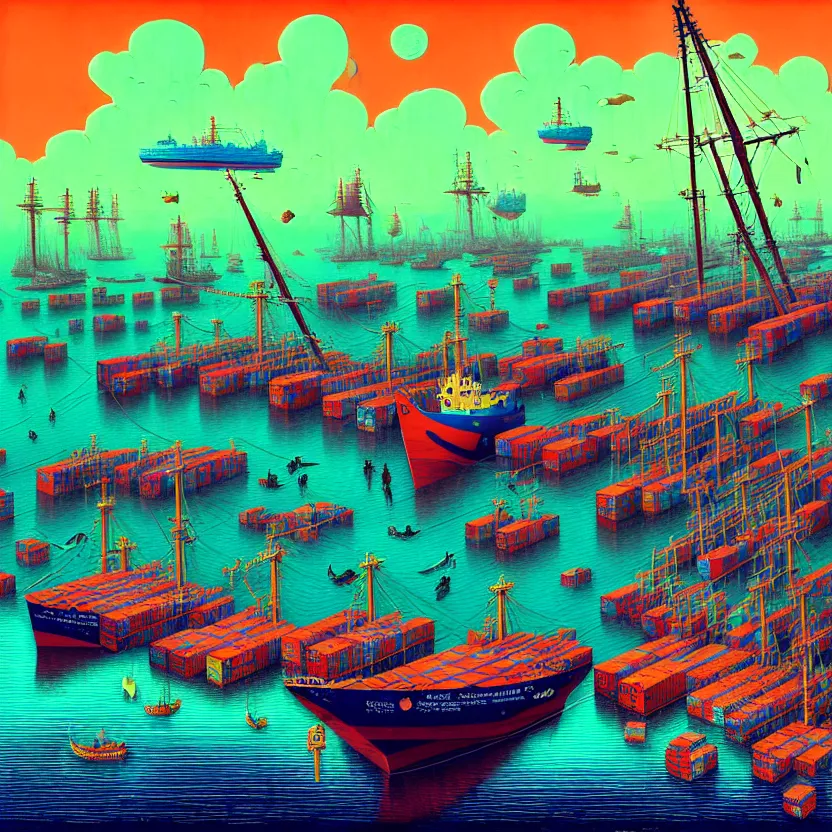 Image similar to surreal glimpse into other universe, a shipping seaport, summer morning, very coherent and colorful high contrast, art by!!!! gediminas pranckevicius!!!!, geof darrow, floralpunk screen printing woodblock, dark shadows, hard lighting, stipple brush technique,