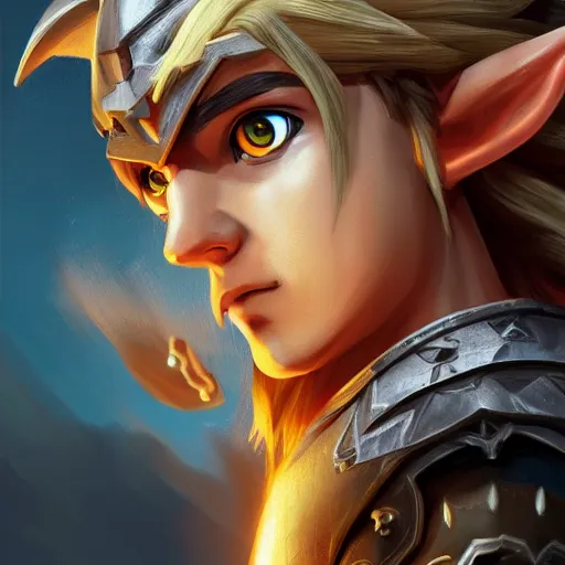 Prompt: front centered symmetrical RPG avatar portrait, Link legend of zelda as a knight, blonde hair, ornate armour, dramatic lighting, cinematic, establishing shot, high detail, cinematic lighting, post processed, 8k, concept art, artstation, matte painting, in the style of eddie mendoza, raphael lacoste, alex ross