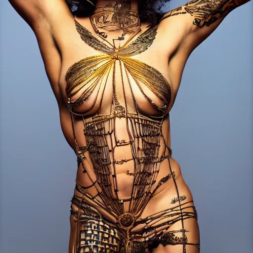 Image similar to A perfect female goddess stands for a waist up portrait with her body sightly wrapped in thin gold wire creatively arranged so as to look like tattoos, hyper photo realistic 8K HD HDRI, photo by Annie Leibovitz.