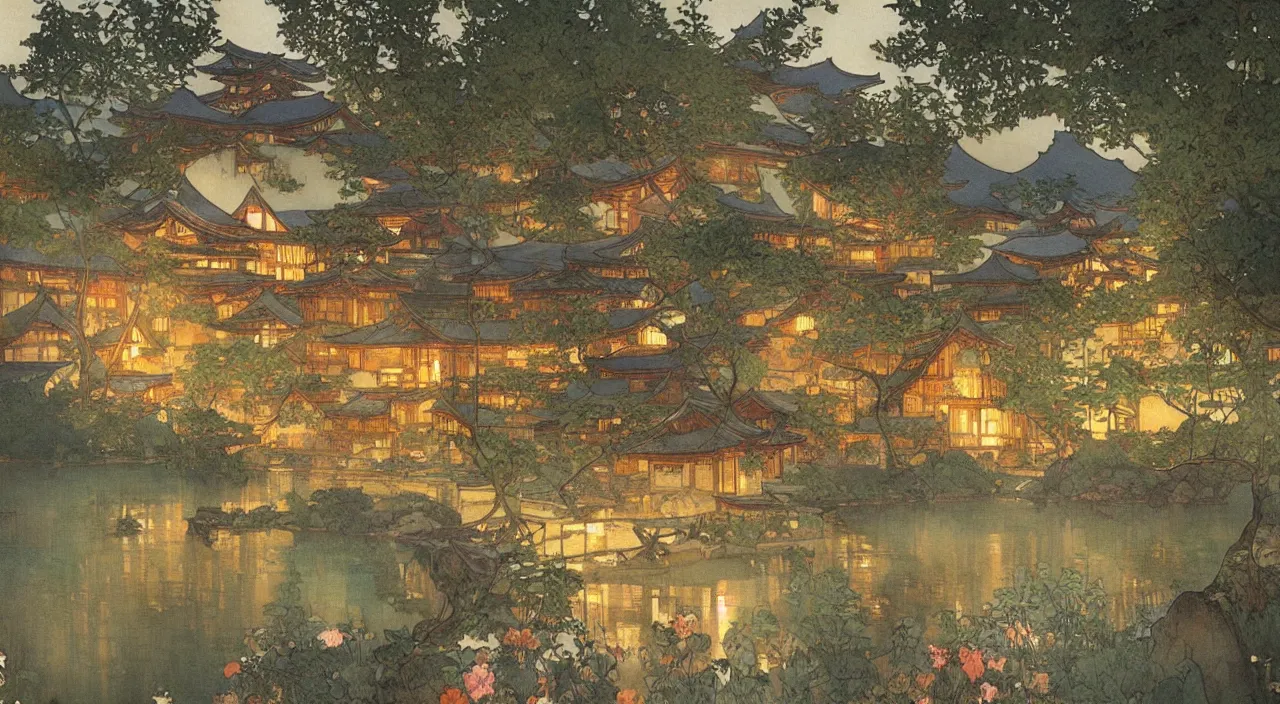 Image similar to A beautiful landscape painting of a small japanese village by a lake at night by Alfons Maria Mucha and Julie Dillon and Makoto Shinkai