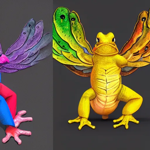 Prompt: toad with wings front view Across holding a hand + rainbow reptile front view Across holding a hand + golden lizard front view, trio, artstation, concept art, master illustration, details, good clear quality, fun - w 704