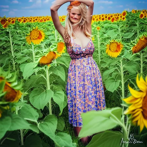 Prompt: a beautiful farm girl in a field of sunflowers, beautiful day, by hans zatzka