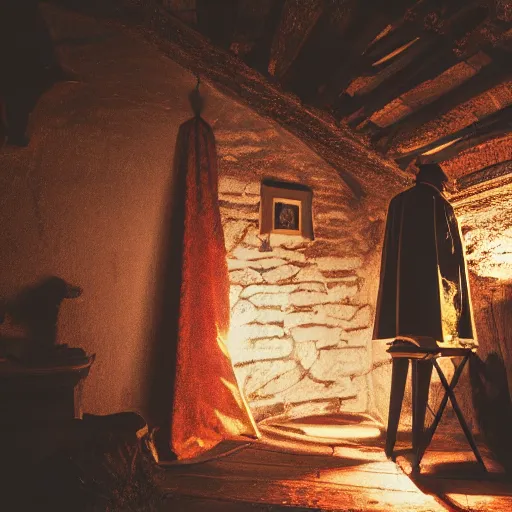 Image similar to Spanish Wizard in the attic, dark, shadows, night, 8k Photography