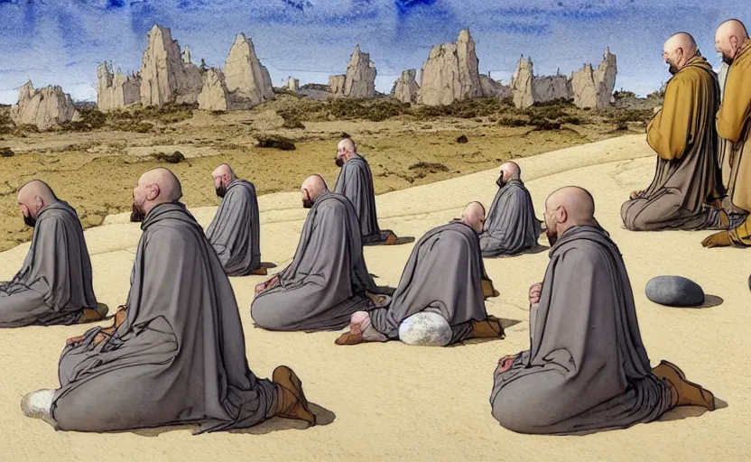 Prompt: a hyperrealist watercolour concept art of a group of medieval monks in grey robes kneeling in prayer. five large stones are floating in the sky. on a desert road. by rebecca guay, michael kaluta, charles vess and jean moebius giraud. high detail, hq, wide shot