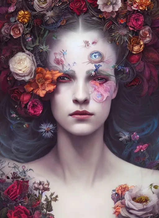 Image similar to portrait of the queen of the underworld, surrounded by flowers by karol bak, james jean, tom bagshaw, rococo, detailed eyes, trending on artstation, cinematic lighting, hyper realism, octane render, 8 k, hyper detailed.