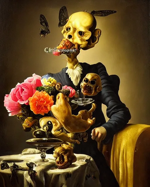 Image similar to refined gorgeous blended oil painting with black background by christian rex van minnen rachel ruysch dali todd schorr chiaroscuro portrait extremely bizarre disturbing mutated man beautiful suit made of still life flowers and rubber insects with shiny skin dutch golden age vanitas intense chiaroscuro cast shadows obscuring features dramatic lighting perfect symmetry perfect composition masterpiece