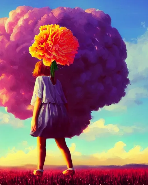 Image similar to girl with a giant carnation head, surreal photography, flower field, sunset dramatic light, impressionist painting, colorful clouds, blue sky, digital painting, artstation, simon stalenhag