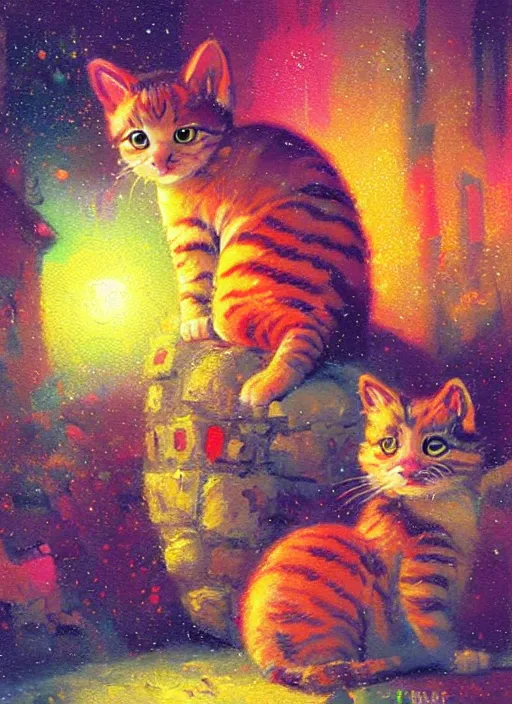 Prompt: colourful painting of two cute little kitties, art in paul lehr style, wide shot, bright, soft lighting, focus, masterpiece art - w 7 0 4