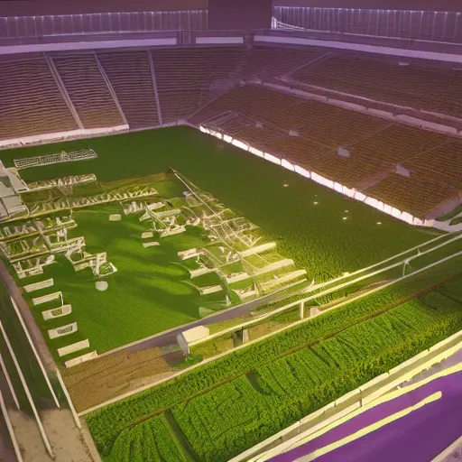 Prompt: a farm inside of a stadium, hyperrealistc, solarpunk, utopian socialism, detailed, 4K, cinematic