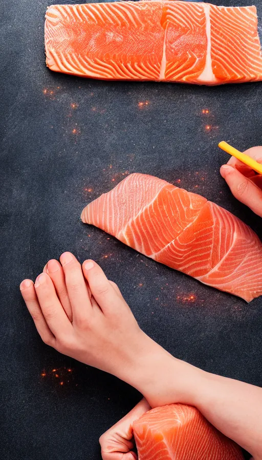 Image similar to lovely afternoon dappled sunlight photograph: top down view of two hands preparing salmon glowing with projection-mapped glowing ruler lines notating the meat volume like a graduated cylinder, slicing a cut of salmon, laser projector shining a bright line of a glowing hologram notation of where to cut